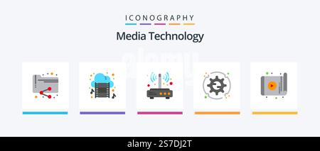 Pacchetto icone Media Technology Flat 5 con app. impostazione. modem. impostazione. wireless. Icone creative Design Illustrazione Vettoriale