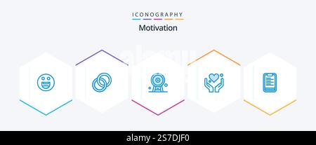 Motivazione 25 pacchetto icone blu con appunti. amore. inghilterra. cuore. Illustrazione Vettoriale