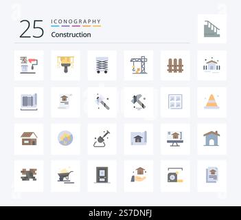Costruzione 25 Flat Color pacchetto icone inclusa casa. costruzione. costruzione. gru. architettura Illustrazione Vettoriale