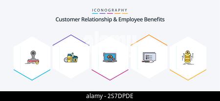 Customer Relationship and Employee Benefits 25 pacchetto icone FilledLine comprensivo di denaro. messaggio. caffè. sms. presentazione Illustrazione Vettoriale