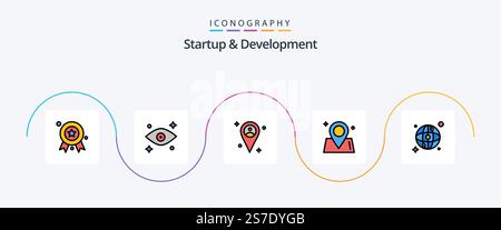 Startup and Develepment Line Filled Flat 5 Icon Pack incluso . mappa. mappa. mondo. senso Illustrazione Vettoriale
