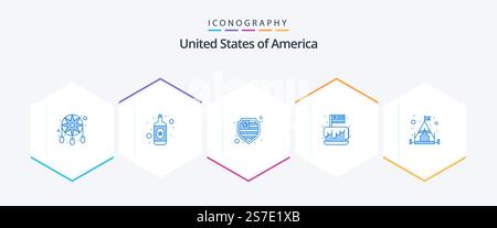 USA 25 pacchetto icona blu con tenda inclusa. campo. protezione. stati uniti. indipendenza Illustrazione Vettoriale