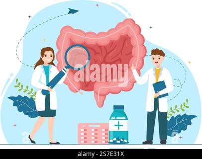 Proctologo o Colonoscopia Illustrazione con un medico esamina del Colon e batteri nocivi in Cartoon mano disegnato per Landing Page Templates Illustrazione Vettoriale