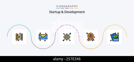 Startup and Develepment Line Filled Flat 5 Icon Pack incluso . rete. foto. galleria Illustrazione Vettoriale