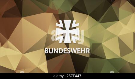 Bundeswehr Cross su uno schema mimetico. Icona delle forze armate tedesche con i colori del bosco sullo sfondo. Design militare su una facciata. Foto Stock