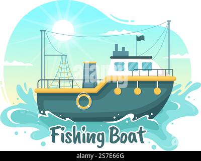 Illustrazione della barca di pesca con i pescatori Caccia il pesce usando la nave per la bandiera di fotoricettore o la pagina di atterraggio in modelli del vettore disegnati a mano del cartoon piano Illustrazione Vettoriale