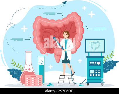 Proctologo o Colonoscopia Illustrazione con un medico esamina del Colon e batteri nocivi in Cartoon mano disegnato per Landing Page Templates Illustrazione Vettoriale