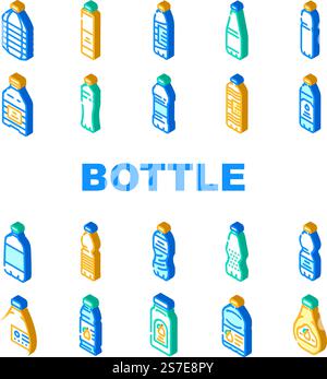 icone bottiglia in plastica acqua/bevanda vettoriale. blu bevanda, oggetto liquido, minerale vuoto, tappo cieco, set pulito, illustrazioni dei segni isometrici per bibite in plastica e acqua. icone bottiglia in plastica acqua/bevanda vettoriale Illustrazione Vettoriale