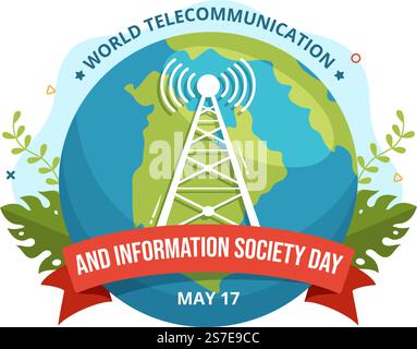 Giornata mondiale delle telecomunicazioni e della società dell'informazione il 17 maggio Illustrazione con la rete di comunicazione attraverso la Terra Globe in modelli disegnati a mano Illustrazione Vettoriale
