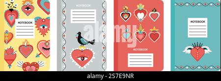 I cuori coprono i modelli di notebook. Design del cuore sacro in stile messicano, diario o decorazione del progettista con simboli cattolici. Schede vettoriali retro decenti. Illustrazione della decorazione del cuore messicano. I cuori coprono i modelli di notebook. Design del cuore sacro in stile messicano, diario o decorazione del progettista con simboli cattolici. Schede vettoriali retro decenti Illustrazione Vettoriale