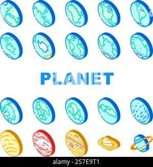 le icone dei pianeti del mondo terrestre impostano il vettore. mappa globale, sfera grafica, ecologia dell'ambiente, natura verde, ecocontinente terra mondo pianeta pianeta isometrico segni illustrazioni. le icone dei pianeti del mondo terrestre impostano il vettore Illustrazione Vettoriale
