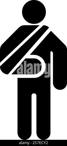 Uomo con braccio rotto mano gesso leso bastone con bastoni persona trauma concetto fasciatura elastica su imbracatura ossea di supporto imbragatura colata trauma icona di colore nero immagine vettoriale stile piatto semplice. Uomo con braccio rotto mano gesso leso bastone con bastoni persona trauma concetto fasciatura elastica su imbracatura ossea di supporto imbragatura colata trauma icona di colore nero immagine vettoriale stile piatto Illustrazione Vettoriale