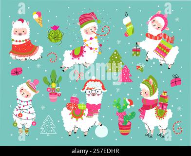 Alpaca cartoni animati natalizi con cactus e regali. Divertenti lama x-mas party, alpaca per le vacanze di Capodanno. Personaggi animali invernali vettoriali di lama alpaca e cactus per l'illustrazione del nuovo anno. Alpaca cartoni animati natalizi con cactus e regali. Divertenti lama x-mas party, alpaca per le vacanze di Capodanno. I personaggi degli animali invernali si trovano sulla scogliera vettoriale Illustrazione Vettoriale