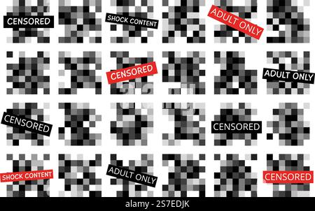 Quadrati di sfocatura pixel censurati per tv o social media. Effetti di sfocatura pixelati per censura video di immagini. Badge grafici a mosaico nero, elemento vettoriale di censura decente dell'illustrazione a mosaico a pixel quadrati. Quadrati di sfocatura pixel censurati per tv o social media. Effetti di sfocatura pixelati per censura video di immagini. Badge grafici a mosaico nero, elemento vettoriale di censura decente Illustrazione Vettoriale