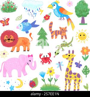 Disegno a matita dei bambini. Disegni di pastelli per bambini, disegni per bambini colorano gli animali. Giraffa d'arte, leone ed elefante. Baby zoo animali selvatici vettoriale neoterico set di schizzi divertenti e colorate illustrazioni. Disegno a matita dei bambini. Disegni di pastelli per bambini, disegni per bambini colorano gli animali. Giraffa d'arte, leone ed elefante. Baby zoo animali selvatici set vettoriale neoterico Illustrazione Vettoriale