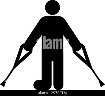 Uomo con gamba rotta crutch bastone gesso piede bastone con bastoncini persona stampelle trauma icona di concetto colore nero immagine vettoriale stile piatto semplice. Uomo con gamba rotta crutch bastone gesso piede bastone con bastoncini persona stampelle trauma icona concetto di colore nero vettoriale immagine stile piatto Illustrazione Vettoriale