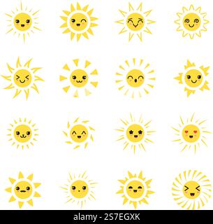Personaggi del sole. Design dei soli dei cartoni animati, espressioni emoji felici, simpatiche emozioni dei bambini del sole, teste di sole, facce energetiche. Illustrazione del cartone animato emoji del personaggio. Personaggi del sole. Design dei soli dei cartoni animati, espressioni emoji felici, simpatiche emozioni dei bambini del sole, teste di sole, facce energetiche Illustrazione Vettoriale