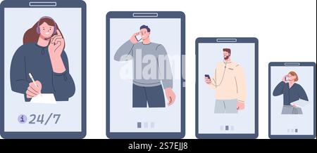 Linea di attesa nel call center. Persone con smartphone, assistono gli addetti ai servizi online. Chat informativa per aiutare i clienti online. Illustrazione della linea di chiamata del vettore della coda digitale del servizio di supporto. Linea di attesa nel call center. Persone con smartphone, assistono gli addetti ai servizi online. Chat informativa per aiutare i clienti online. Concetto di vettore di coda digitale Illustrazione Vettoriale