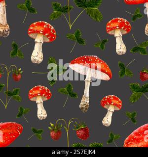 Disegni ad acquerello senza cuciture di funghi e fragole della foresta, regali della natura su sfondo nero Foto Stock