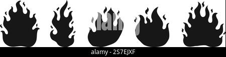 Silhouette nere con fiamma tagliafuoco. Icone fiamma gassosa, fuochi isolati. Il fuoco brucia duramente. Luci accese, simboli caldi o caldi, set vettoriale di fuoco e illustrazione della silhouette nera fiamma. Silhouette nere con fiamma tagliafuoco. Icone fiamma gassosa, fuochi isolati. Il fuoco brucia duramente. Luci accese, set vettoriale di simboli caldi o caldi Illustrazione Vettoriale