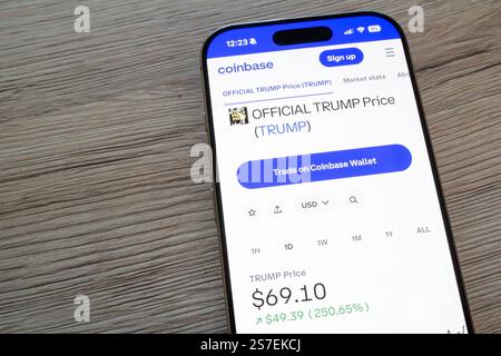 OSTRAVA, CECHIA - 19 GENNAIO 2025: Sito web di KuCoin con il prezzo ufficiale della criptovaluta TrumpCoin TRUMP Foto Stock