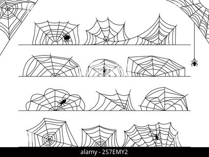 Decorazioni di halloween al confine con il cobweb. Decorazioni, angoli e ornamenti isolati in ragnatela. Sagome di ragni neri su rete, elementi decorativi di ragnatela e ragnatela decenti e spettrali. Decorazioni di halloween al confine con il cobweb. Decorazioni, angoli e ornamenti isolati in ragnatela. Le silhouette dei ragni neri su rete sono perfette per le feste Illustrazione Vettoriale