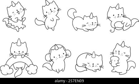 Simpatico gattino con corno, set da colorare linea caticorno. Simpatici gatti magici, felici gattini adesivi. Personaggi vettoriali infantili di simpatico gattino, illustrazioni per bambini di unicorno gatto. Simpatico gattino con corno, set da colorare linea caticorno. Simpatici gatti magici, felici gattini adesivi. Caratteri vettoriali per bambini Illustrazione Vettoriale