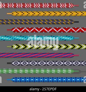 Design a lacci. Diversi tipi di corde stivali e modelli di lacci per scarpe hanno creato una recente collezione vettoriale di lacci di fissaggio per l'illustrazione di stivali e scarpe. Design a lacci. Diversi tipi di corde stivali modelli di scarpe impostano la raccolta vettoriale recente Illustrazione Vettoriale