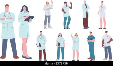 Caratteri medico e infermiere. Lavoratori ospedalieri felici, ritratti di laboratorio infermieri. Professionisti del gruppo di assistenza medica. Assistenza sanitaria e cliniche occupazioni vettoriali scottanti. Illustrazione di un professionista ospedaliero felice. Caratteri medico e infermiere. Lavoratori ospedalieri felici, ritratti di laboratorio infermieri. Professionisti del gruppo di assistenza medica. Assistenza sanitaria e cliniche occupazioni vettoriali scottanti Illustrazione Vettoriale