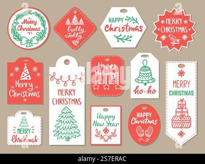 Collezione di badge regalo di Natale. Cartellini natalizi per confezioni regalo con abeti e elementi natalizi invernali. Carte decorative disegno vettoriale neoterico di Natale o illustrazione di carte regalo di natale. Collezione di badge regalo di Natale. Cartellini natalizi per confezioni regalo con abeti e elementi natalizi invernali. Design vettoriale neoterico per schede decorative Illustrazione Vettoriale