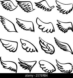 Disegna le ali. Angelo o uccello alato disegnato a mano, disegnando il logo celtic Doodle. Elementi alati dell'aquila dove, semplici simboli vettoriali neoterici della libertà del grunge, illustrazioni del simbolo dell'uccello d'angelo piuma. Disegna le ali. Angelo o uccello alato disegnato a mano, disegnando il logo celtic Doodle. Elementi alati a forma di aquila dove, semplici simboli vettoriali neoterici con libertà di grunge Illustrazione Vettoriale