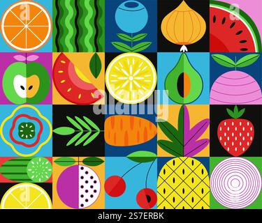 Frutti geometrici e minimalisti piatti. Stile Bauhaus con composizione di frutta, piastrelle moderne o sfondo a mosaico. Design vettoriale decente colorato retrò. Illustrazione del design geometrico Fruit. Frutti geometrici e minimalisti piatti. Stile Bauhaus con composizione di frutta, piastrelle moderne o sfondo a mosaico. Design vettoriale decente colorato retrò Illustrazione Vettoriale