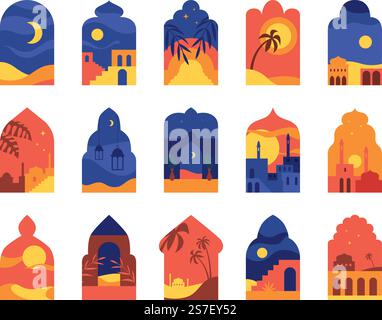 Finestre in arabo. Cornici decorative orientali con paesaggi islamici disegni vettoriali esatti modelli di cornice motivo musulmano elemento di illustrazione della finestra. Finestre in arabo. Cornici orientali decorative con paesaggi islamici modelli di design autentici vettoriali Illustrazione Vettoriale