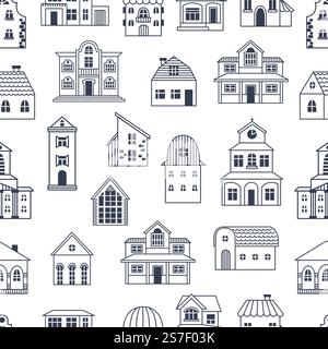 Graziose case di doodle con motivo senza cuciture. Case minuscole, elementi architettonici di linea. Stile villaggio o country, delinea gli edifici. Stampa vettoriale scandinava neoterica del motivo di sfondo. Graziose case di doodle con motivo senza cuciture. Case minuscole, elementi architettonici di linea. Stile villaggio o country, delinea gli edifici. Stampa vettoriale scandinava neoterica Illustrazione Vettoriale