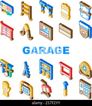le icone di servizio degli attrezzi per garage impostano il vettore. meccanici, auto, veicoli di riparazione, manutenzione di officine, chiavi per accessori per garage, servizio utensili, illustrazioni dei segni isometrici. le icone di servizio degli attrezzi per garage impostano il vettore Illustrazione Vettoriale