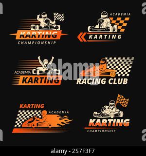 Kart. Emblemi o loghi delle auto da corsa con spazio per simboli testuali di velocità e sport estremi. Modelli vettoriali recenti dell'illustrazione del campionato di auto da velocità. Kart. Emblemi o loghi delle auto da corsa con spazio per simboli testuali di velocità e sport estremi. Modelli vettoriali recenti Illustrazione Vettoriale