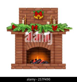 Decorazioni natalizie sul caminetto. Calzini decorativi per la casa per il nuovo anno per regali da caminetti vettoriali di babbo natale in stile realistico di caminetto accogliente a illustrazioni di interni per le vacanze. Decorazioni natalizie sul caminetto. Calzini decorativi per la casa per il nuovo anno per regali di babbo natale caminetti vettoriali decenti in stile realistico Illustrazione Vettoriale