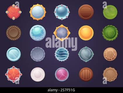 Tasti cerchio di gioco. Elementi di interfaccia per progetti di web design texture in legno metallo oro e vetro immagini vettoriali esatte del disegno dell'interfaccia circolare, pulsante rotondo per illustrazione di gioco. Tasti cerchio di gioco. Elementi di interfaccia per progetti di web design texture in legno metallo oro e vetro immagini vettoriali esatte dei cartoni animati Illustrazione Vettoriale