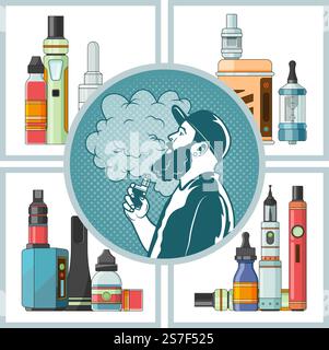Strumenti Vape. collezioni di sigarette elettroniche per vaping. modelli vettoriali. Illustrazione dell'e-CIG elettronica, vaporizzazione di sigaretta e atomizzatore. Strumenti Vape. collezioni di sigarette elettroniche per vaping. modelli vettoriali Illustrazione Vettoriale