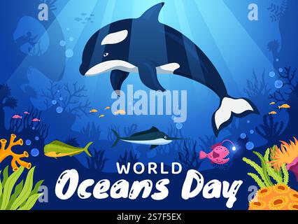 Illustrazione della Giornata mondiale degli oceani per proteggere e conservare le piante oceaniche, ittiche, ecosystem o marine in Cartoon piano disegnato a mano per i modelli di landing page Illustrazione Vettoriale