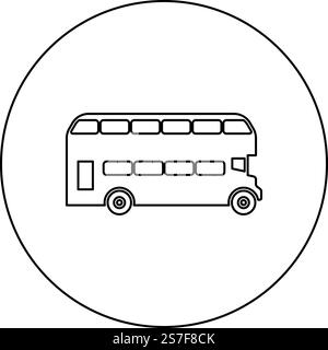 Autobus a due piani per il trasporto cittadino di Londra, icona turistica a due piani in cerchio, colore nero, illustrazione vettoriale, immagine, contorno, linea sottile, stile semplice. Autobus a due piani per il trasporto cittadino di Londra, icona turistica a due piani in cerchio, colore nero, illustrazione vettoriale, immagine del contorno, linea sottile Illustrazione Vettoriale