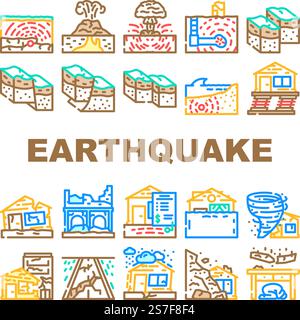 le icone di distruzione dei danni da terremoto impostano il vettore. disastro di quake, mappa della città, costruzione del paese, pericolo tragedia, distruggere le persone, illustrazione delle linee colorate per la distruzione dei danni causati dal terremoto della terra. le icone di distruzione dei danni da terremoto impostano il vettore Illustrazione Vettoriale
