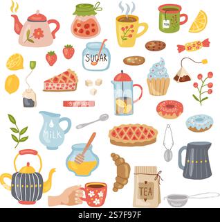 L'ora del tè. Utensili da cucina tazze teiere piatti per la colazione recenti tazze vettoriali in ceramica per il tè. Illustrazione di tazze da tè e caffè, stoviglie per la casa. L'ora del tè. Utensili da cucina tazze teiere piatti per la colazione recenti tazze vettoriali in ceramica per il tè Illustrazione Vettoriale