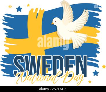 Illustrazione vettoriale della giornata nazionale della Svezia il 6 giugno Celebrazione con bandiera svedese in cartoon piano disegnata a mano per banner Web o modelli di landing page Illustrazione Vettoriale