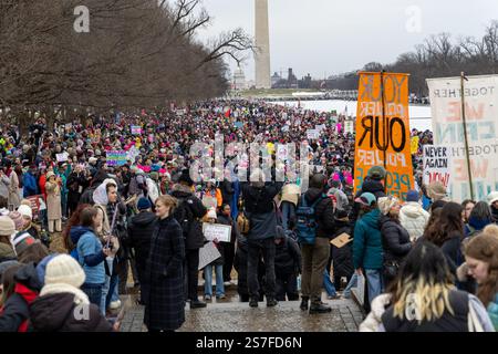 Washington, DC, Stati Uniti. 18 gennaio 2025. I manifestanti si riuniscono al Lincoln Memorial mentre partecipano alla marcia popolare contro il presidente eletto Donald Trump a Washington, DC. Credito: SOPA Images Limited/Alamy Live News Foto Stock