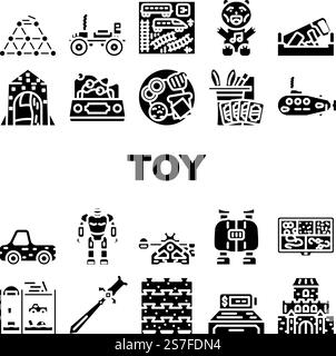 set di icone giocattolo bambino bambino vettoriale. gioco, legno prescolare, auto per bambini, asilo in plastica, carino educativo, illustrazioni pittogramma del glifo del bambino del bambino del bambino del giocattolo domestico. set di icone giocattolo bambino bambino vettoriale Illustrazione Vettoriale