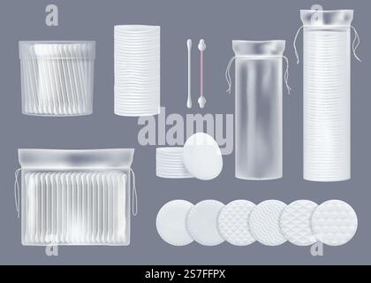 Articoli in lana di cotone. Prodotti cosmetici igienici per la cura della pelle tamponi auricolari e morbidi modelli vettoriali decorativi realistici di prodotti igienici per la cura della pelle illustrazione. Articoli in lana di cotone. Prodotti cosmetici per l'igiene per la cura della pelle tamponi auricolari e morbidi modelli vettoriali realistici decenti Illustrazione Vettoriale