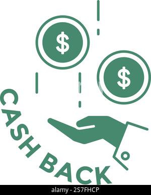 sistema di cottura e servizi per i clienti che consentono di ottenere un rimborso sul conto o sulla carta di credito. Icona isolata con la mano che cattura monete in dollari cadenti. Guadagna punti acquistando prodotti. Vettore in stile piatto. Rimborso, servizi finanziari e sistema di cottura Illustrazione Vettoriale