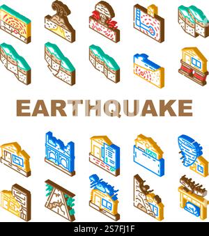 le icone di distruzione dei danni da terremoto impostano il vettore. disastro di quake, mappa della città, costruzione del paese, pericolo tragedia, distruggere le persone, costruzione danni terremoti distruzione segni isometrici. le icone di distruzione dei danni da terremoto impostano il vettore Illustrazione Vettoriale