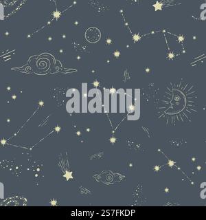 Costellazioni e cielo stellato con forme e linee. Sole e luna d'epoca, nuvole e stelle splendenti o scintillanti. Stampa di motivi o sfondo senza cuciture. Immagine vettoriale in stile piatto. Cielo stellato con costellazioni e figure stampate Illustrazione Vettoriale